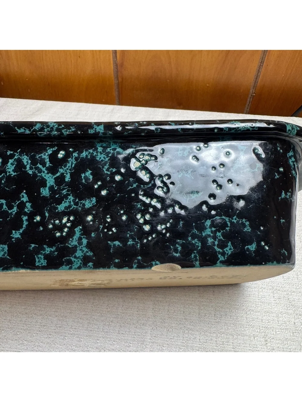 Vintage Bennington Potters #1874 Loaf Pan Black On Green Agate Stoneware Baker